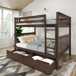 Wooden bunk bed with storage drawers in a modern bedroom interior.