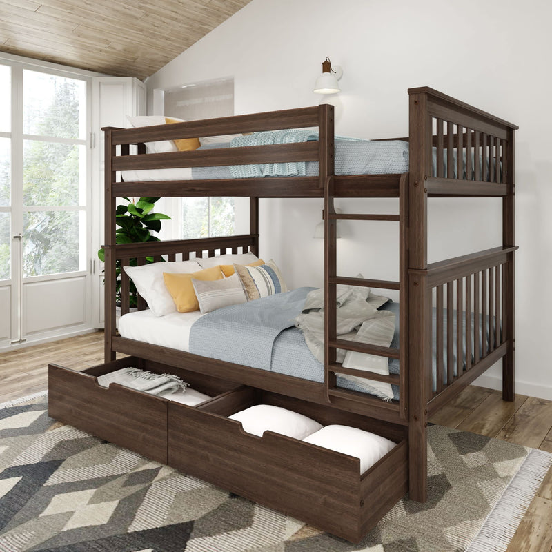 Wooden bunk bed with storage drawers in a modern bedroom interior.