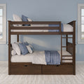 Dark wood twin bunk bed with ladder and under-bed storage drawers, blue-and-white bedding in a light-blue bedroom with windows