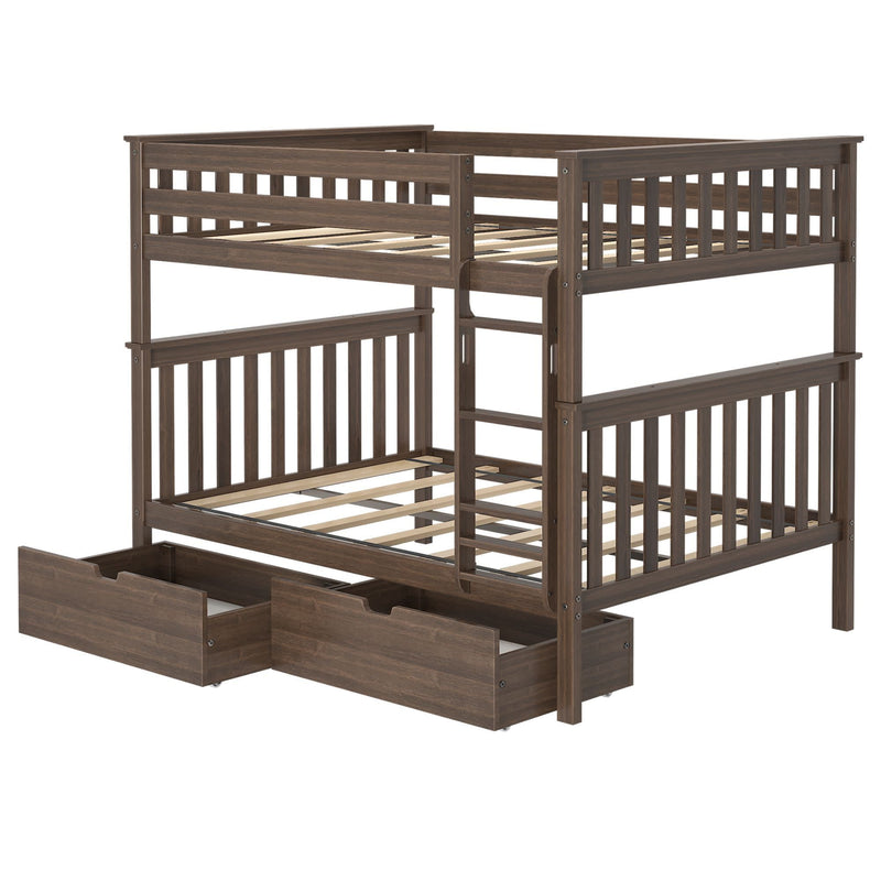 Wooden bunk bed with drawers and ladder for kids' room storage solutions.