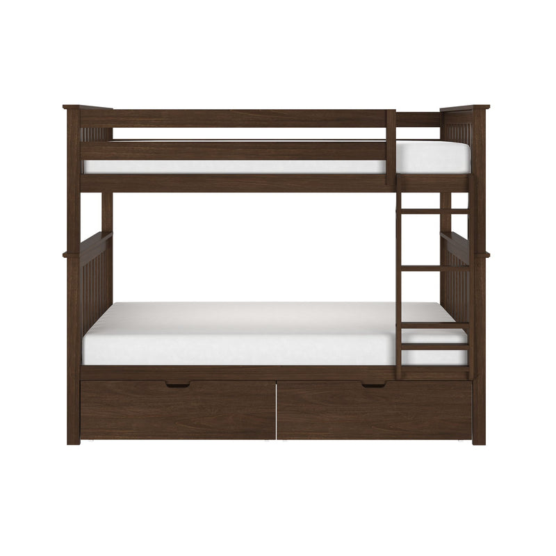 Dark walnut solid wood twin-over-full bunk bed with ladder, slatted mission-style headboards and under-bed storage drawers, white mattresses