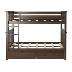 Wooden bunk bed with ladder and storage drawers for kids' bedroom.