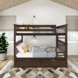 Modern wooden bunk bed with cozy bedding and storage drawers in a bright bedroom.