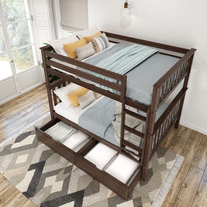 Wooden bunk bed with storage drawers in a modern bedroom.