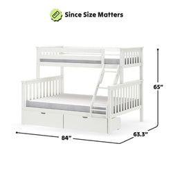White twin over full bunk bed with angled ladder, underbed storage drawers, and dimensions 84" x 63.3" x 65".