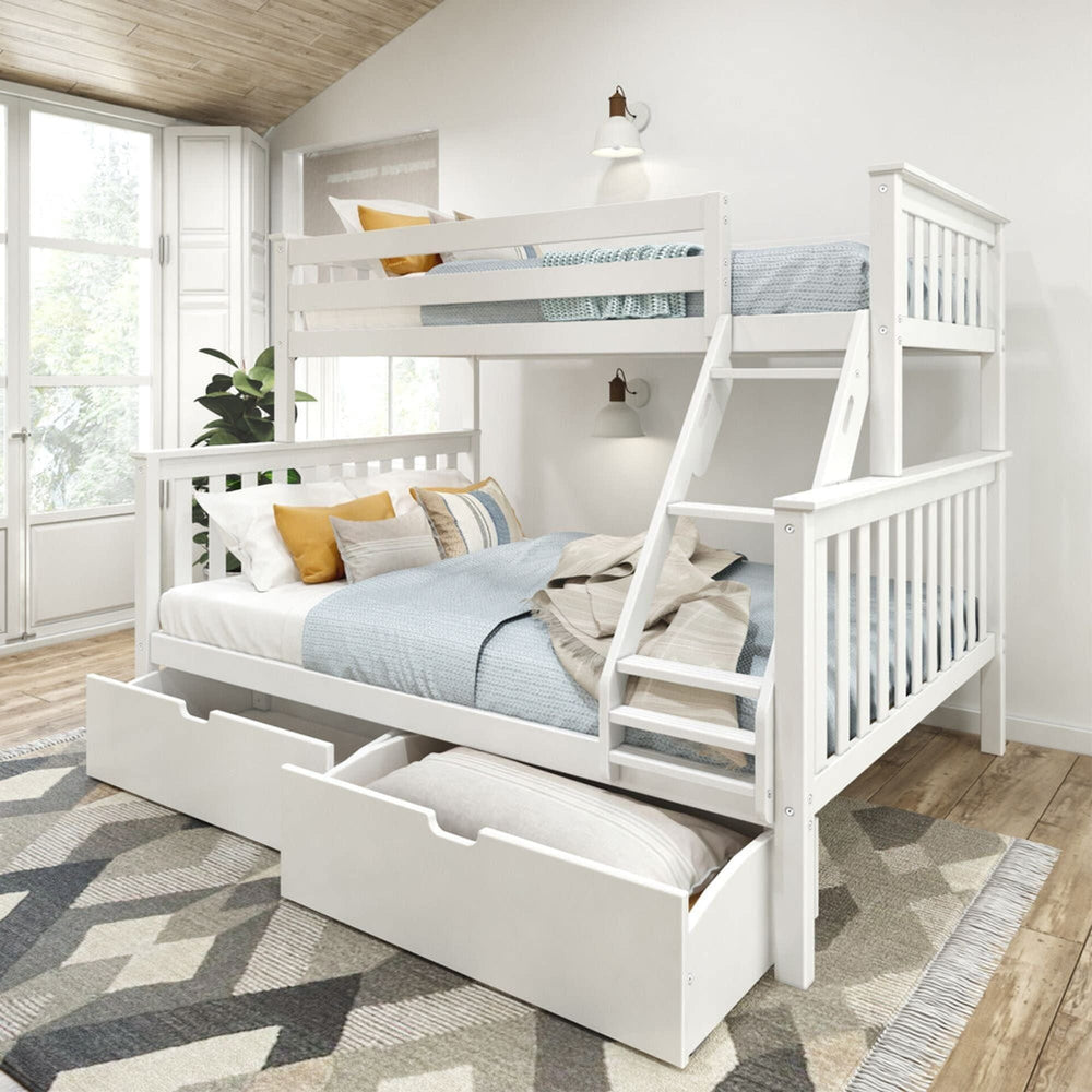 White wooden bunk bed with storage drawers in modern bedroom setting.