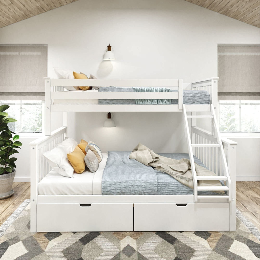 White wooden bunk bed with cozy bedding and storage drawers in a modern bedroom.