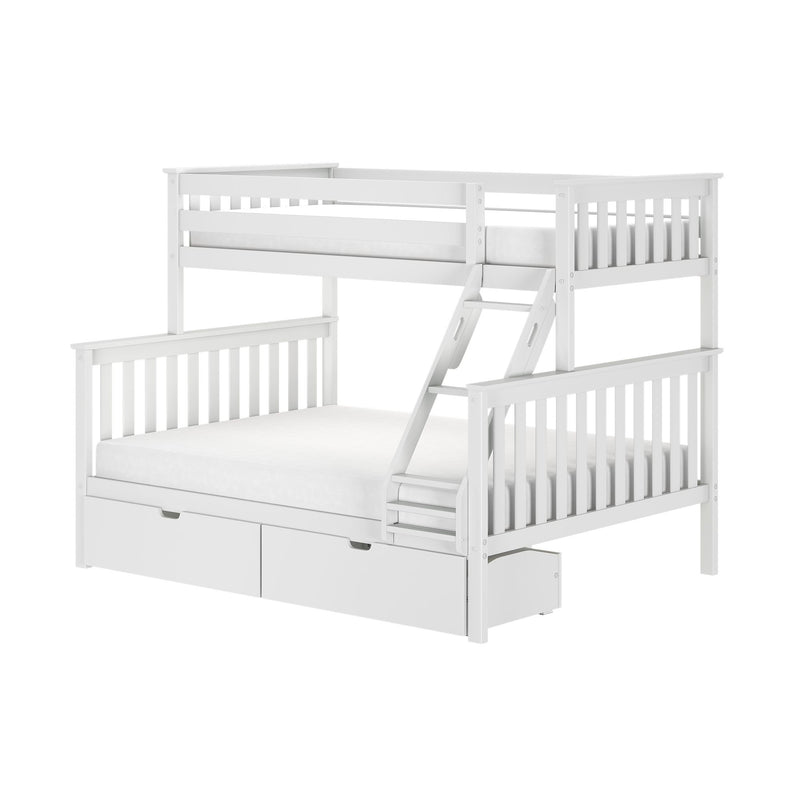White wooden twin-over-full bunk bed with ladder, safety rails and under-bed storage drawers for kids bedroom furniture