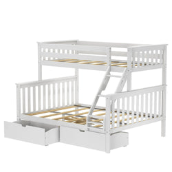 White wooden twin over full bunk bed with ladder and storage drawers.