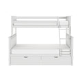 White wooden bunk bed with ladder and built-in under-bed storage drawers, modern children's bedroom furniture