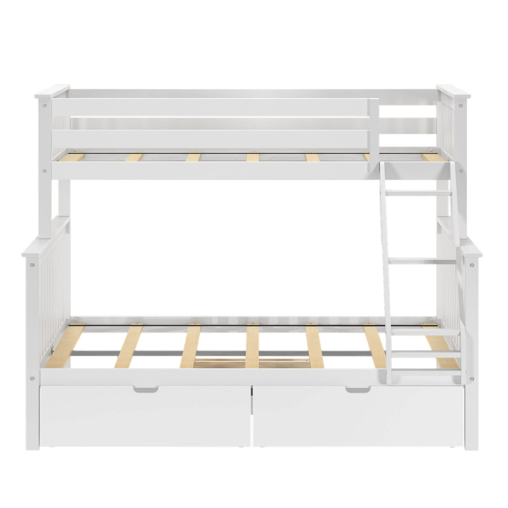 White wooden bunk bed with ladder and storage drawers.