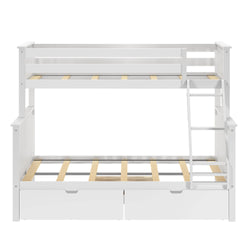 White wooden bunk bed with ladder and storage drawers.