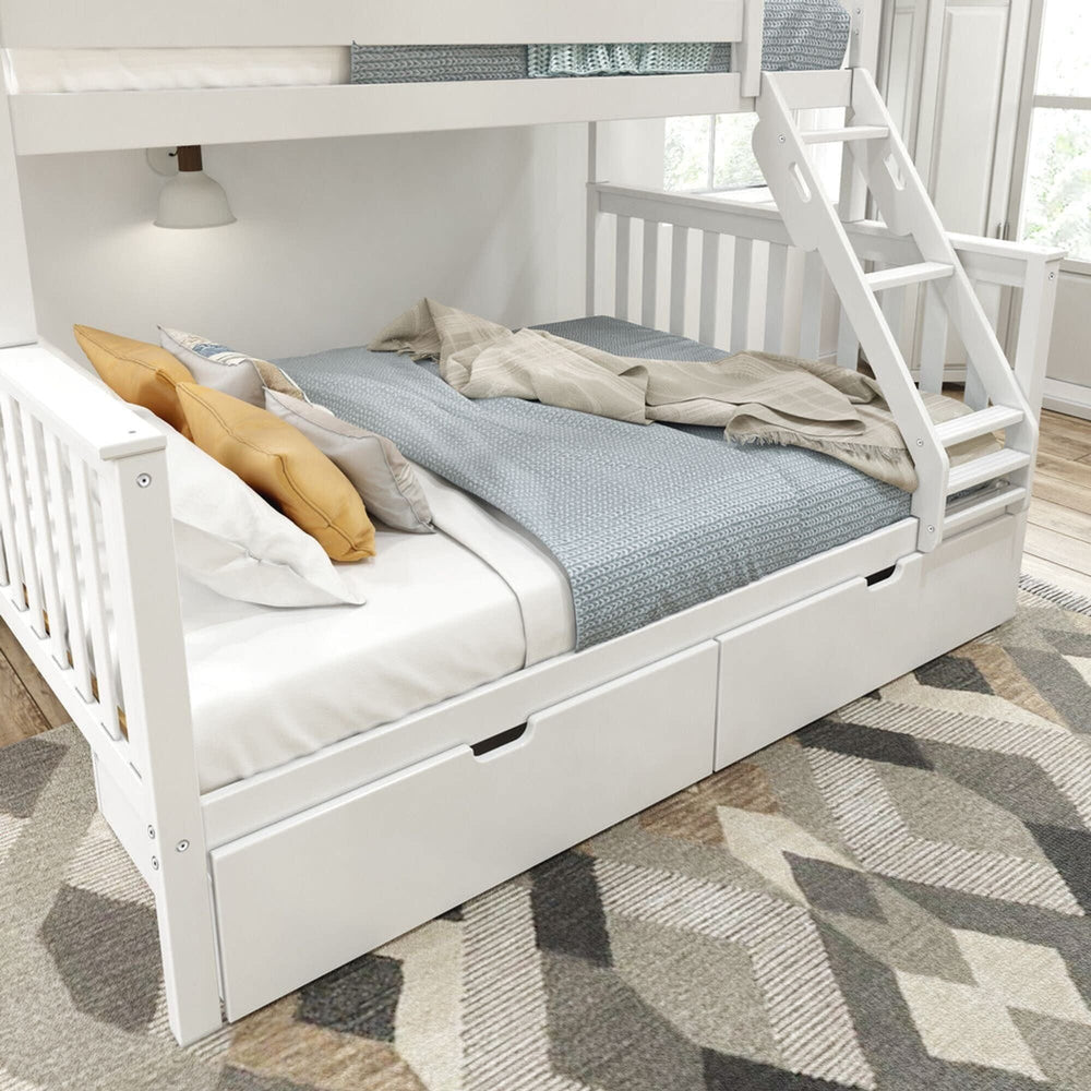 White wooden bunk bed with stairs, featuring storage drawers and modern bedding, ideal for a stylish children's bedroom.