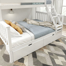 White wooden bunk bed with stairs, featuring storage drawers and modern bedding, ideal for a stylish children's bedroom.