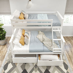 White wooden bunk bed with blue and yellow bedding, featuring twin and full size mattresses, under-bed storage drawers, and a geometric patterned rug.