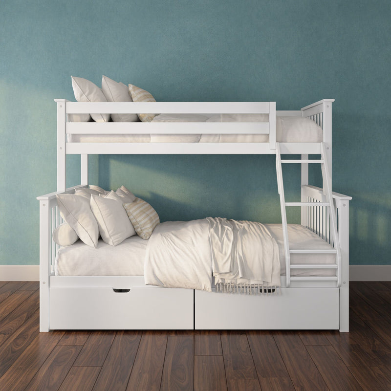 White wooden bunk bed with ladder and built-in storage drawers, cream linens and striped pillows against a teal textured wall on dark hardwood floor — modern space-saving kids bedroom furniture