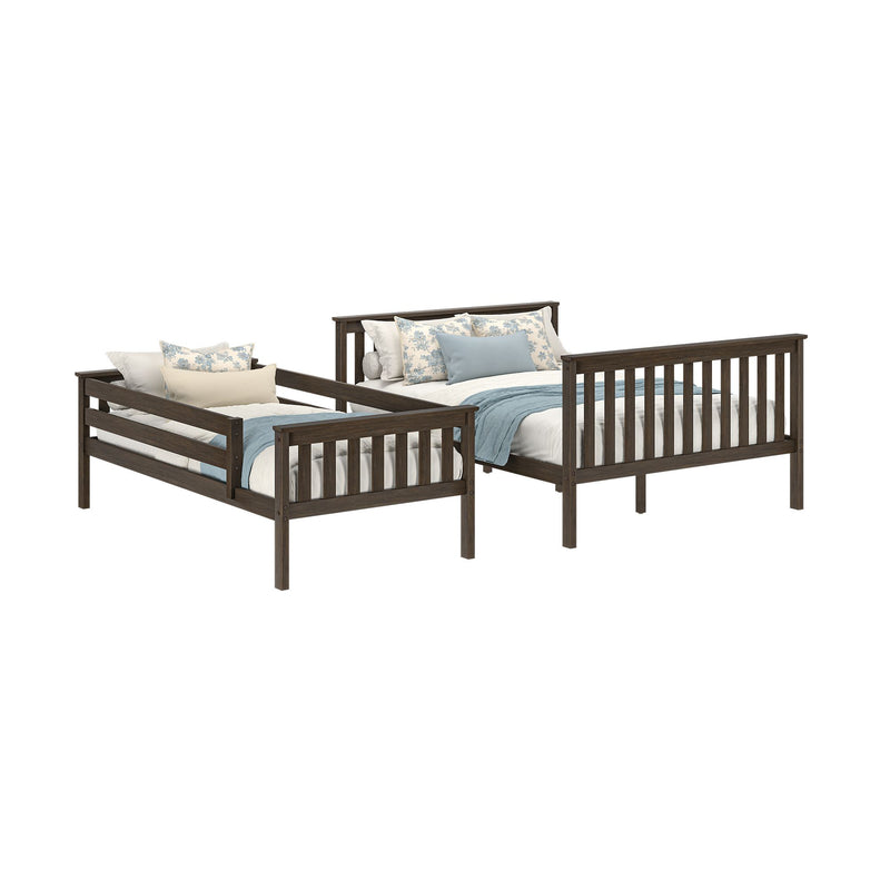 Dark wood slatted bed frames (twin and full) styled with white bedding, light blue throw blanket and floral accent pillows — bedroom furniture and home decor