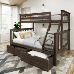 Stylish wooden bunk bed with built-in storage drawers in a modern bedroom setting.