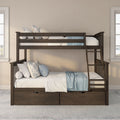 Dark wood bunk bed with ladder and built-in under-bed storage drawers, styled with neutral linens and blue accent pillows in a bright, space-saving bedroom