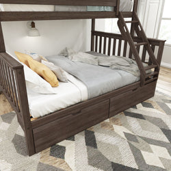 Wooden bunk bed with under-bed storage drawers and a cozy modern design in a bright room.