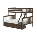 Dark brown wooden twin-over-full bunk bed with ladder, slatted headboards and under-bed storage drawers, space-saving loft-style frame