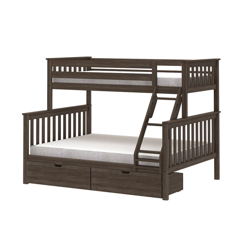 Wooden bunk bed with storage drawers and ladder, ideal for small spaces and kids' bedrooms.