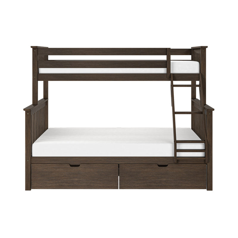 Dark brown wooden twin-over-full bunk bed with ladder, slatted guardrails and built-in under-bed storage drawers on white background