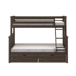 Dark wood bunk bed with ladder and storage drawers, ideal for maximizing space in kids' bedrooms.