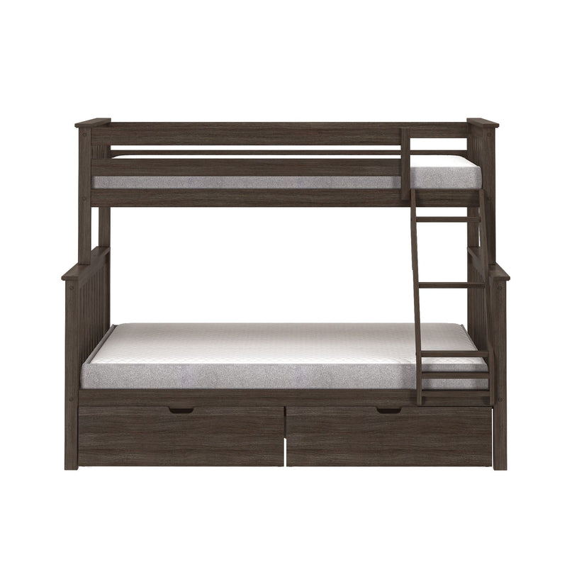 Dark wood bunk bed with ladder and storage drawers, ideal for maximizing space in kids' bedrooms.