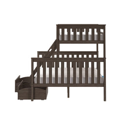 Bunk bed with dark wood finish featuring built-in stairs and drawers for storage.
