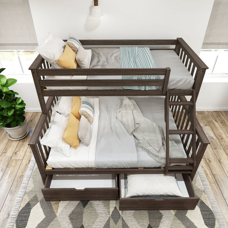 Wooden bunk bed with storage drawers and cozy bedding in a bright, modern bedroom setting.