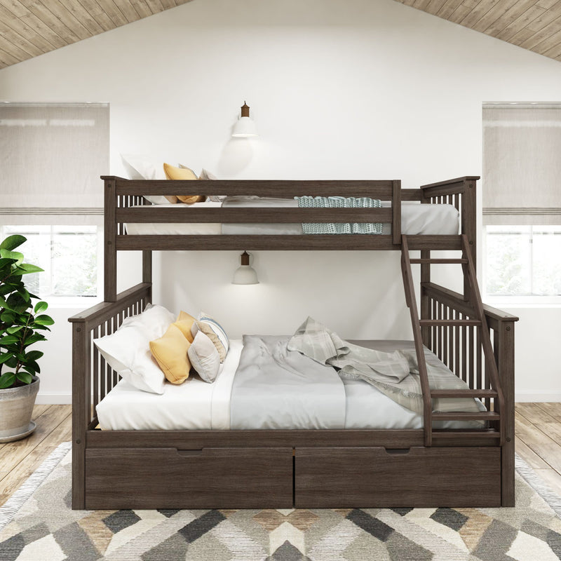 Wooden bunk bed with storage drawers in modern bedroom interior.