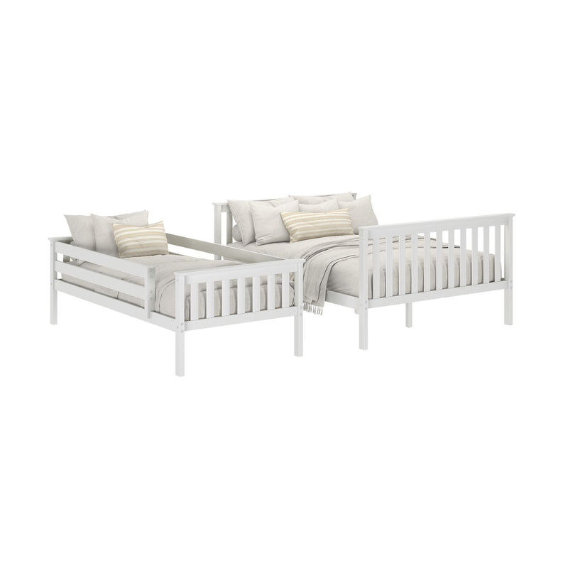 Two white wooden twin daybeds with neutral linen bedding and striped accent pillows, modern farmhouse guest-room style