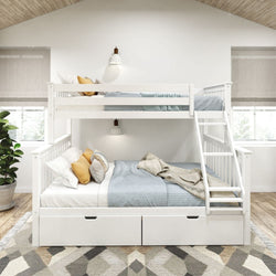 White wooden bunk bed with storage drawers and blue bedding in modern bedroom.
