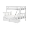 White painted wooden loft bunk bed with ladder, slatted guardrails and built-in under-bed storage drawers, modern kids' bedroom furniture