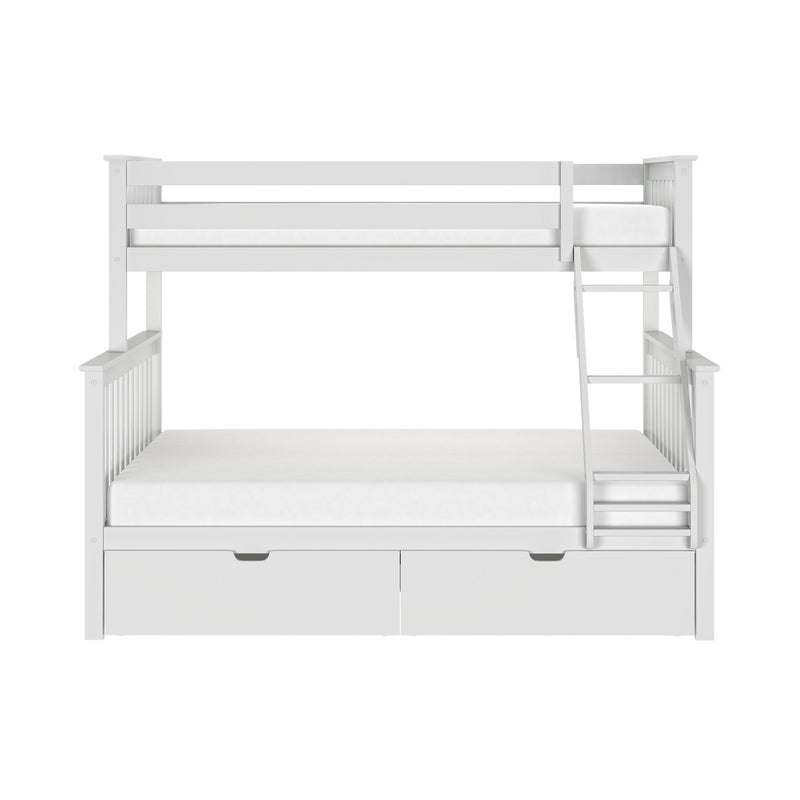 White wooden loft bunk bed with ladder and built-in under-bed storage drawers, modern children’s bedroom furniture