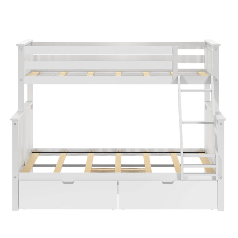 White wooden bunk bed with built-in ladder and storage drawers, ideal for kids' bedrooms.