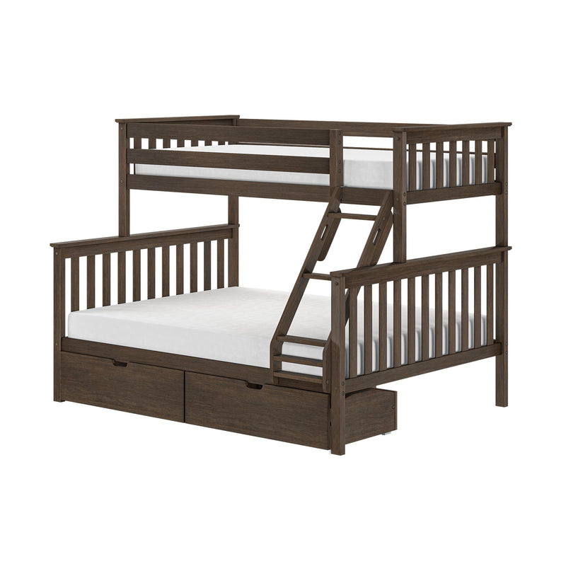 Dark brown wooden twin-over-full bunk bed with ladder, slatted guardrails and under-bed storage drawers, white mattresses, modern kids' bedroom furniture