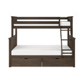 Dark brown solid wood twin-over-full bunk bed with ladder and built-in under-bed storage drawers, modern rustic kids' bedroom loft bed