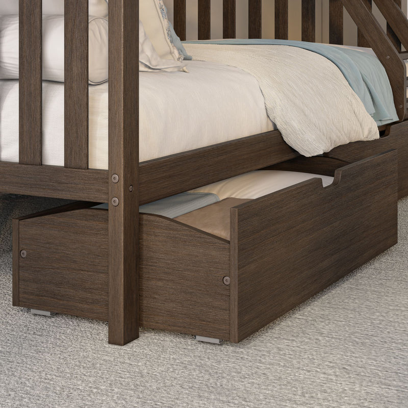 Dark walnut twin-over-twin wooden bunk bed with pull-out trundle and storage drawer, white linens and light blue throw for modern farmhouse bedrooms