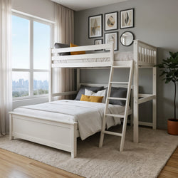 White wooden loft bunk bed with ladder in a modern neutral bedroom — neatly made lower bed with gray and mustard accent pillows, large window with city skyline view, abstract gallery wall, indoor potted plant, hardwood floors and beige area rug
