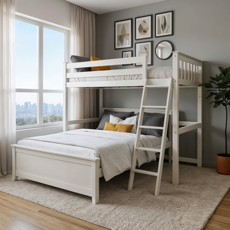 White wooden loft bunk bed with ladder in a modern neutral bedroom — neatly made lower bed with gray and mustard accent pillows, large window with city skyline view, abstract gallery wall, indoor potted plant, hardwood floors and beige area rug