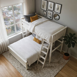 White wooden twin-over-full bunk bed in a modern neutral bedroom with white bedding, mustard and gray pillows, ladder, large window with city view, framed wall art, potted plant, shag rug and hardwood floor