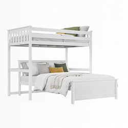 White wooden twin-over-full bunk bed with farmhouse headboard, layered bedding and throw pillows — space-saving bedroom furniture for kids and teens