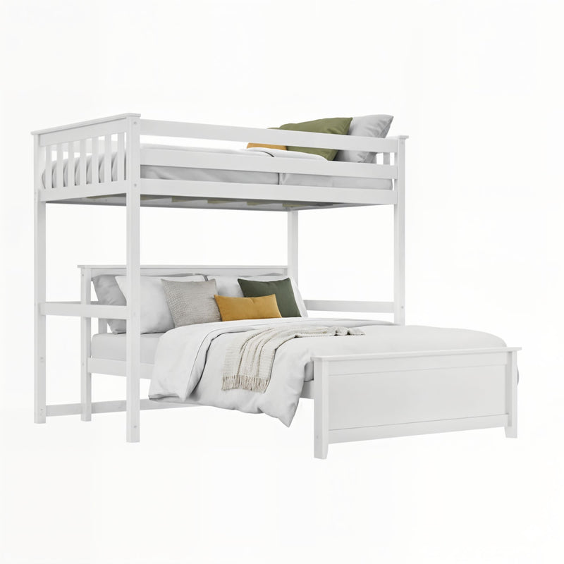 White wooden twin-over-full bunk bed with farmhouse headboard, layered bedding and throw pillows — space-saving bedroom furniture for kids and teens