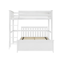 White wooden loft bed with built-in ladder and lower platform for mattress.