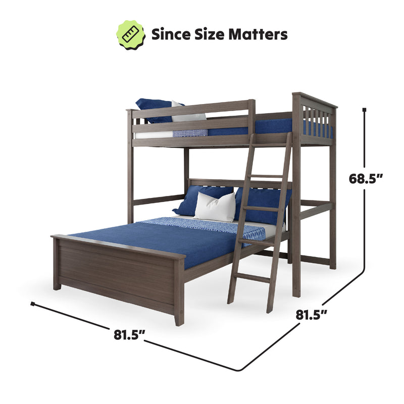 Wooden twin over full bunk bed with ladder and blue bedding, dimensions 81.5" x 81.5" x 68.5", ideal for maximizing bedroom space.