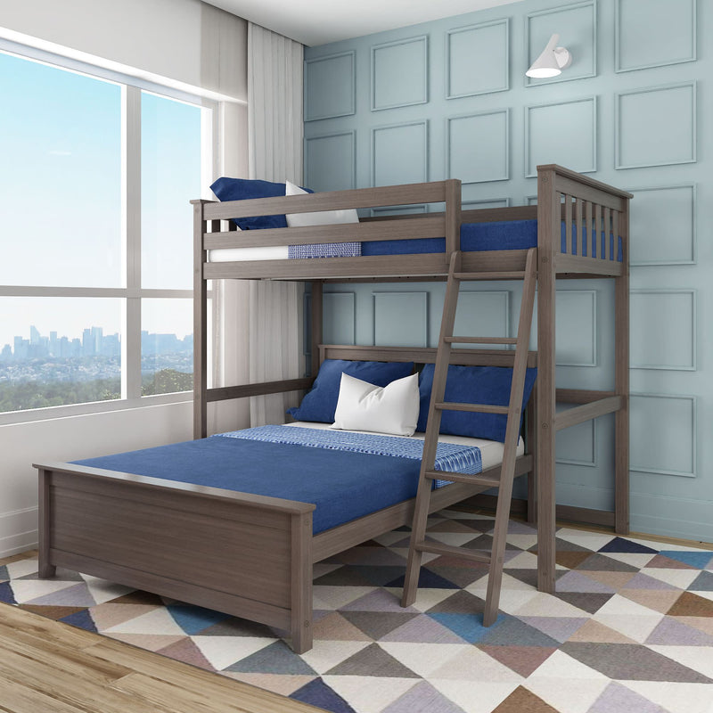 Triple bunk bed with blue bedding in modern bedroom with city view.