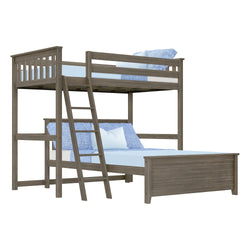 Wooden bunk bed with a twin over full design featuring blue bedding and a ladder, perfect for optimizing small bedrooms.