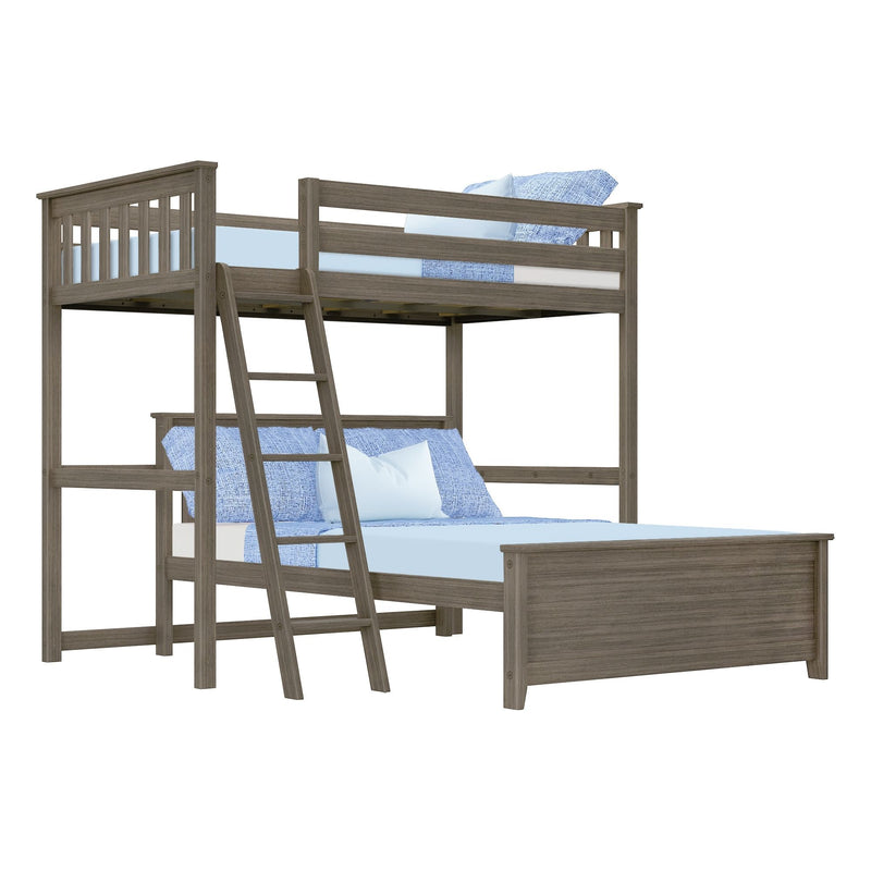 Wooden bunk bed with a twin over full design featuring blue bedding and a ladder, perfect for optimizing small bedrooms.